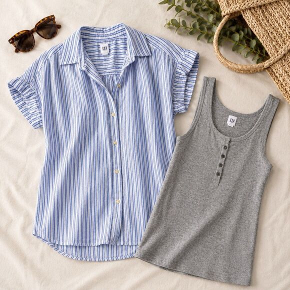 GAP Tops - GAP Womens XS Top Bundle Short Sleeve Light Blue White Stripe + Gray Tank Henley